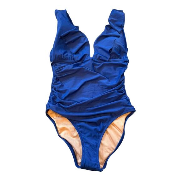 NEW J. Crew Women’s Size 4 Ruched Ruffle One-Piece Swimsuit Harbor View Blue - Picture 2 of 4